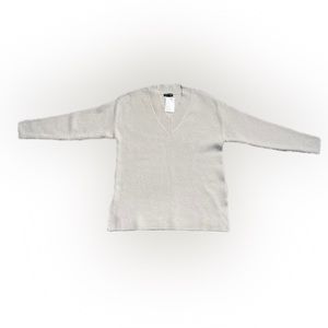 Hilary Radley Beige VNeck Drop Shoulder Sweater Metallic Shimmer SideSlits SizeM